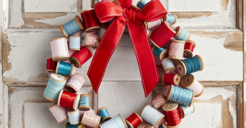 Christmas wreath made from spools of thread